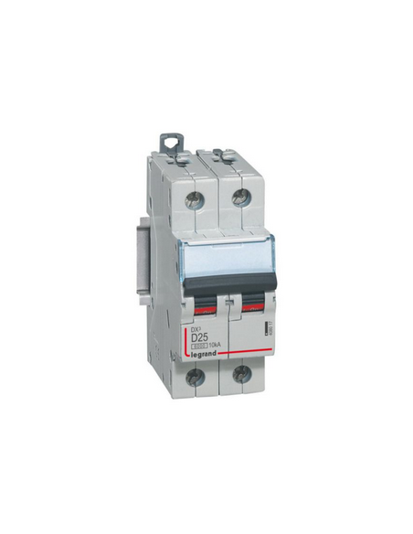 Disjoncteur DX³6000 10kA arrivée haute et départ bas à vis 2 Pôles 230V~ à 400V~ 25A courbe D 2 modules LEGRAND 408017