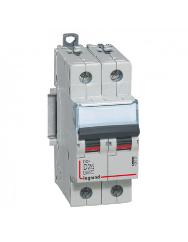 Disjoncteur DX³6000 10kA arrivée haute et départ bas à vis 2 Pôles 230V~ à 400V~ 25A courbe D 2 modules LEGRAND 408033