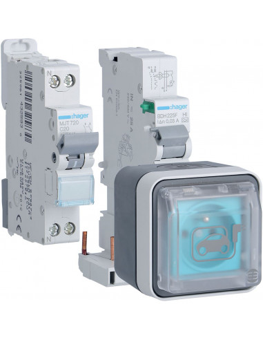 Prise de recharge Witty IP55 3KW 2P+T M2 avec protection différentielle HAGER XEV080P