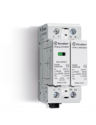 Paraf T2 mono varistor + éclateur 230V In20kA Up1,2kV Télésignalisation FINDER 7P4282751020