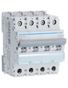 Disjoncteur Tetrapolaire 4 pôles 6-10kA courbe C 63A 4 modules HAGER NFN463