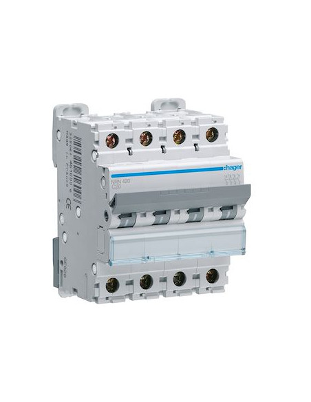 Disjoncteur 4 Pôles 25kA courbe C 20A 4 modules HAGER NRN420