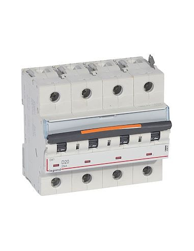 Disjoncteur DX³ 25kA arrivée haute/départ bas vis 4 Pôles 20A courbe D 6 modules LEGRAND 409847