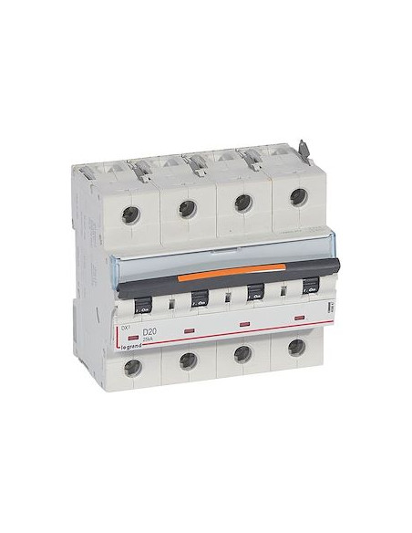 Disjoncteur DX³ 25kA arrivée haute/départ bas vis 4 Pôles 20A courbe D 6 modules LEGRAND 409847