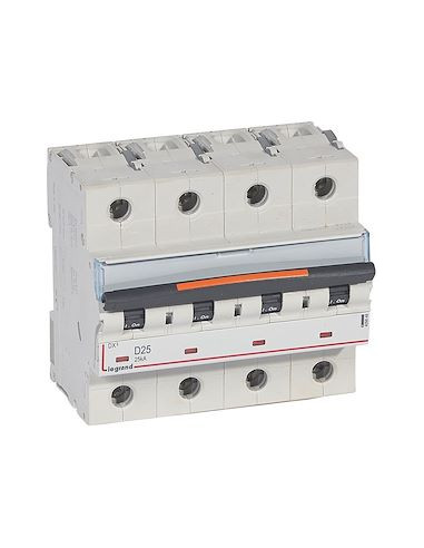 Disjoncteur DX³ 25kA arrivée haute/départ bas vis 4 Pôles 25A courbe D 6 modules  LEGRAND 409848