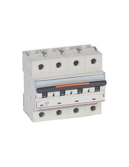 Disjoncteur DX³ 25kA arrivée haute/départ bas vis 4 Pôles 25A courbe D 6 modules  LEGRAND 409848