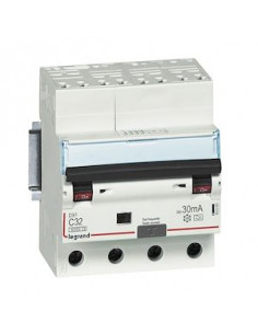 Disjoncteur différentiel monobloc DX³6000 arrivée haute automatique départ bas vis 4 Poles 400V 32A type AC 30mA LEGRAND 411214