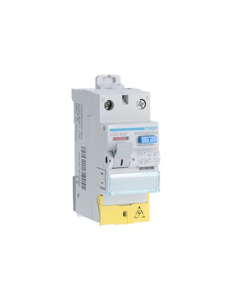 Interrupteur différentiel 1P+N 63A 30mA type AC à bornes décalées HAGER CDC163F