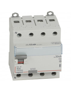 Interrupteur différentiel DX³-ID arrivée haute et départ bas à vis 4 Pôles 400V 40A type A 30mA 4 modules LEGRAND 411675