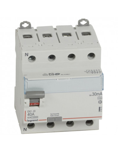 Interrupteur différentiel DX³-ID arrivée haute et départ bas à vis 4 Pôles 400V 40A type A 30mA 4 modules LEGRAND 411675