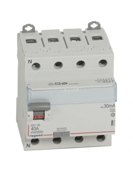 Interrupteur différentiel DX³-ID arrivée haute et départ bas à vis 4 Pôles 400V 40A type A 30mA 4 modules LEGRAND 411675