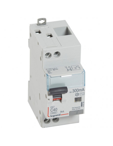 Disjoncteur différentiel DX³4500 arrivée haute et départ bas à vis U+N 230V 40A type AC 300mA courbe C 2 modules LEGRAND 410729