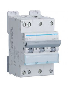 Disjoncteur 3 Pôles et Neutre 10kA courbe D 20A 3 modules HAGER NGT820