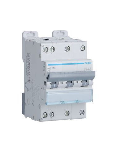 Disjoncteur 3 Pôles et Neutre 10kA courbe D 20A 3 modules HAGER NGT820