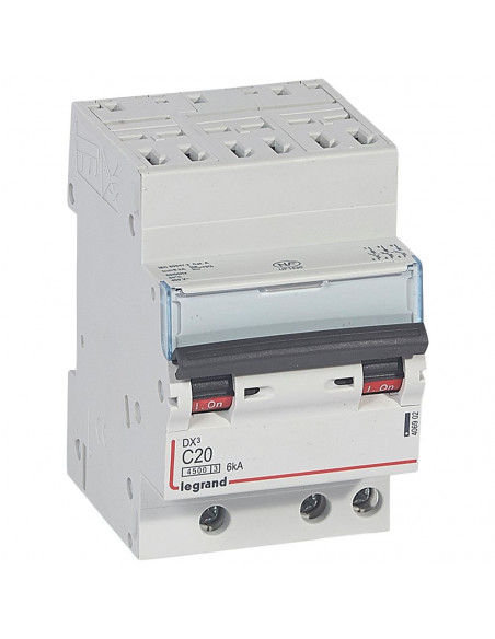 Disjoncteur DX³4500 6kA arrivée haute automatiques sortie basse à vis tripolaire 400V~ 20A courbe C 3 modules LEGRAND 406902