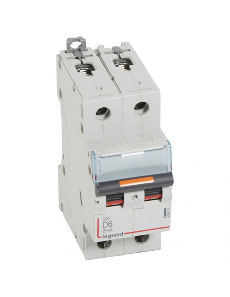 Disjoncteur DX³ 25kA arrivée haute et départ bas à vis 2 Pôles de 230V~ à 400V~ 6A courbe D 2 modules LEGRAND 409818