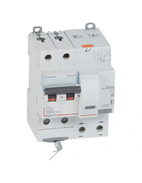 Disjoncteur différentiel monobloc DX³6000 10kA arrivée haute départ bas vis 2 Pôles 230V à 400V 20A type AC 30mA LEGRAND 411159