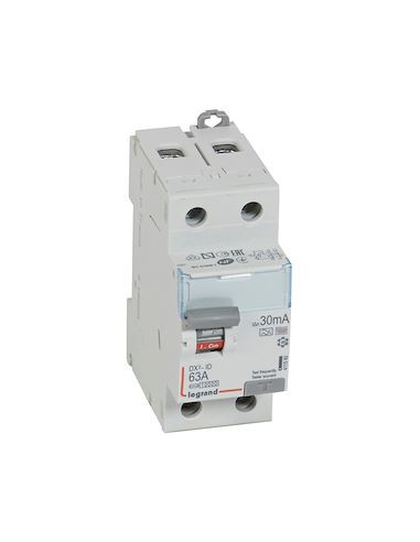 Interrupteur différentiel DX³-ID arrivée haute et départ bas à vis 2 Pôles 230V~ 63A type F 30mA 2 modules LEGRAND 411592