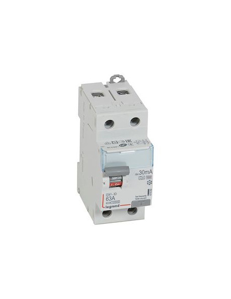 Interrupteur différentiel DX³-ID arrivée haute et départ bas à vis 2 Pôles 230V~ 63A type F 30mA 2 modules LEGRAND 411592