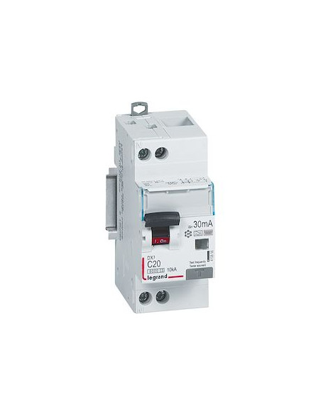 Disjoncteur différentiel monobloc DX³6000 10kA arrivée haute et départ bas à vis U+N 230V 20A type F 30mA LEGRAND 410856
