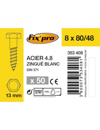 TIREFOND ACIER 4.8 8X80 /50 FIXPRO FPRO4018080BP50