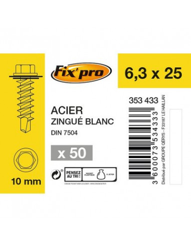 VIS HEX.AUTO+ROND 6,3X25 /50 FIXPRO FPRO7504KREC6325BP50