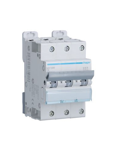 Disjoncteur 3 Pôles 6-10kA courbe D 6A 3 modules HAGER NGT306