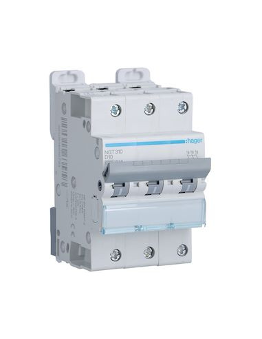 Disjoncteur 3 Pôles 6-10kA courbe D 10A 3 modules HAGER NGT310