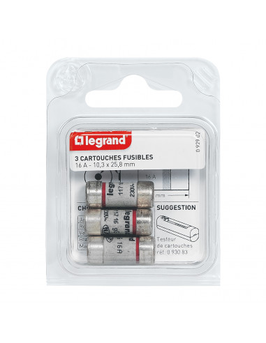 3 Cartouches fusibles pour porte-fusibles avec témoin 10,3x25,8mm 16A LEGRAND 092922