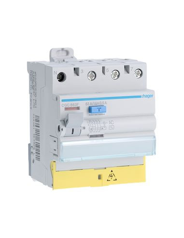 Interrupteur différentiel 3P+N 63A 500mA type AC à bornes décalées HAGER CGC863F