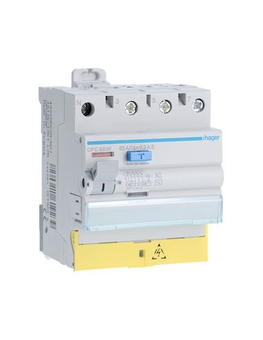 Interrupteur différentiel 3P+N 63A 300mA type AC S à bornes décalées HAGER CPC863F