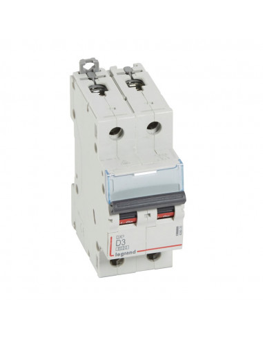 Disjoncteur DX³6000 arrivée haute et départ bas à vis 2 Pôles 230V~ à 400V~ 3A courbe D 2 modules LEGRAND 408025