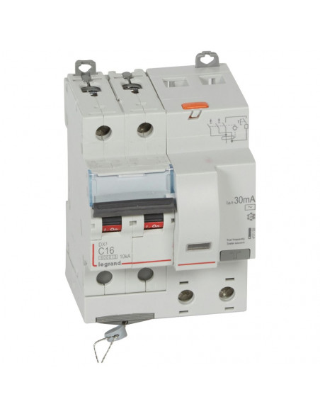 Disjoncteur différentiel monobloc DX3 6000 10kA arrivée haute départ bas vis 2 Pôles 230V à 400V 16A type AC 30mA LEGRAND 411158