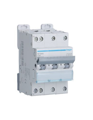 Disjoncteur 3 Pôles + Neutre 6-10kA courbe C 40A 3 modules HAGER NFT840