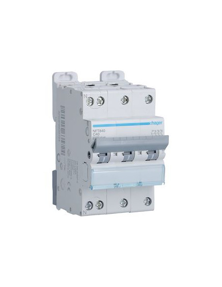 Disjoncteur 3 Pôles + Neutre 6-10kA courbe C 40A 3 modules HAGER NFT840