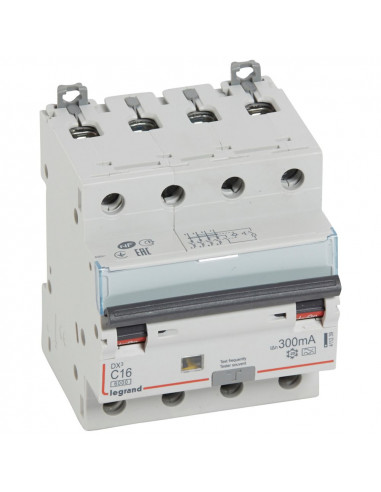 Disjoncteur différentiel monobloc DX³6000 arrivée haute départ bas à vis 4 Pôles 400V 16A type A 300mA LEGRAND 411239