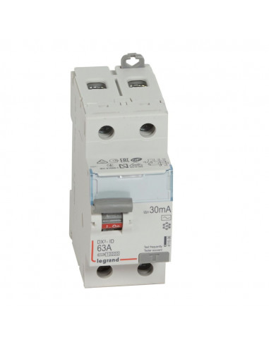 Interrupteur différentiel DX³-ID arrivée haute départ bas à vis 2 Pôles 230V~ 63A type AC 30mA 2 modules LEGRAND 411506