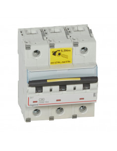Disjoncteur DX³10000 16kA arrivée haute et départ bas à vis 3 Pôles 400V 80A courbe C 4,5 modules LEGRAND 409280