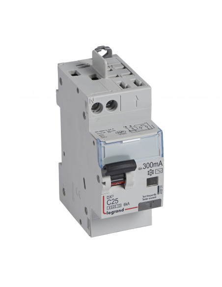 Disjoncteur différentiel DX³4500 arrivée haute vis départ haut auto.U+N 230V~ 25A type AC 300mA 2 modules LEGRAND 410731
