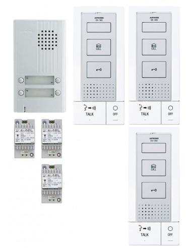 Kit audio platine alu saillie 4bp 3 postes maîtres mains-libres 3 transfo KITDB3 AIPHONE 118716