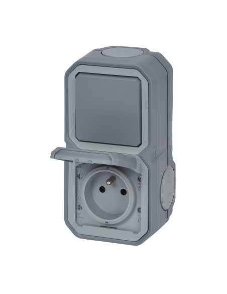 Prise de courant avec va-et-vient vertical Plexo complet saillie gris LEGRAND 070012