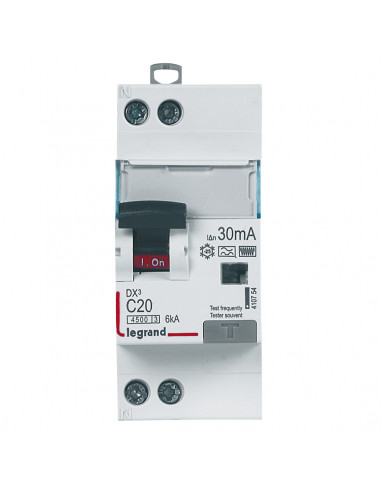 Disjoncteur différentiel DX3 à vis U+N 230V 20A type F 30mA courbe C 2 modules LEGRAND 410754