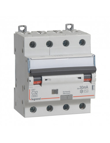 Disjoncteur différentiel monobloc DX³6000 10kA arrivée haute et départ bas à vis 4 Pôles 400V 32A type AC 30mA LEGRAND 411189