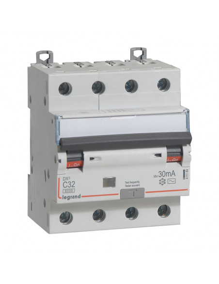 Disjoncteur différentiel monobloc DX³6000 10kA arrivée haute et départ bas à vis 4 Pôles 400V 32A type AC 30mA LEGRAND 411189