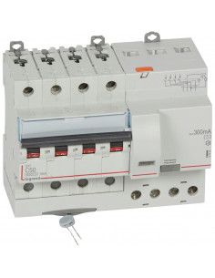 Disjoncteur différentiel monobloc DX³6000 10kA arrivée haute et départ bas à vis 4 Pôles 400V~ 50A type AC 300mA LEGRAND 411210
