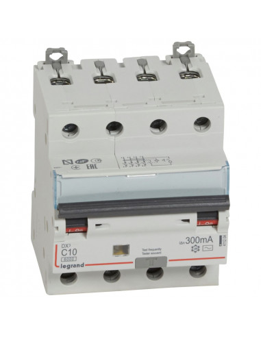 Disjoncteur différentiel monobloc DX³6000 10kA arrivée haute et départ bas à vis 4 Pôles 400V 25A type AC 300mA LEGRAND 411207