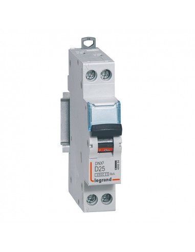 Disjoncteur Phase+Neutre DNX³4500 6kA arrivée et sortie borne à vis 1P+N 230V~ 25A courbe D 1 module LEGRAND 406804