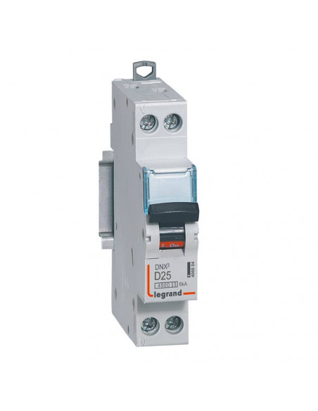 Disjoncteur Phase+Neutre DNX³4500 6kA arrivée et sortie borne à vis 1P+N 230V~ 25A courbe D 1 module LEGRAND 406804