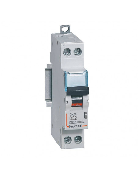 Disjoncteur Phase+Neutre DNX³4500 6kA arrivée et sortie borne à vis 1P+N 230V~ 32A courbe D 1 module LEGRAND 406805