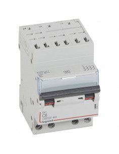 Disjoncteur DX³4500 6kA arrivée haute borne auto sortie basse à vis tétrapolaire 400V~ 6A courbe C 3 modules LEGRAND 406915